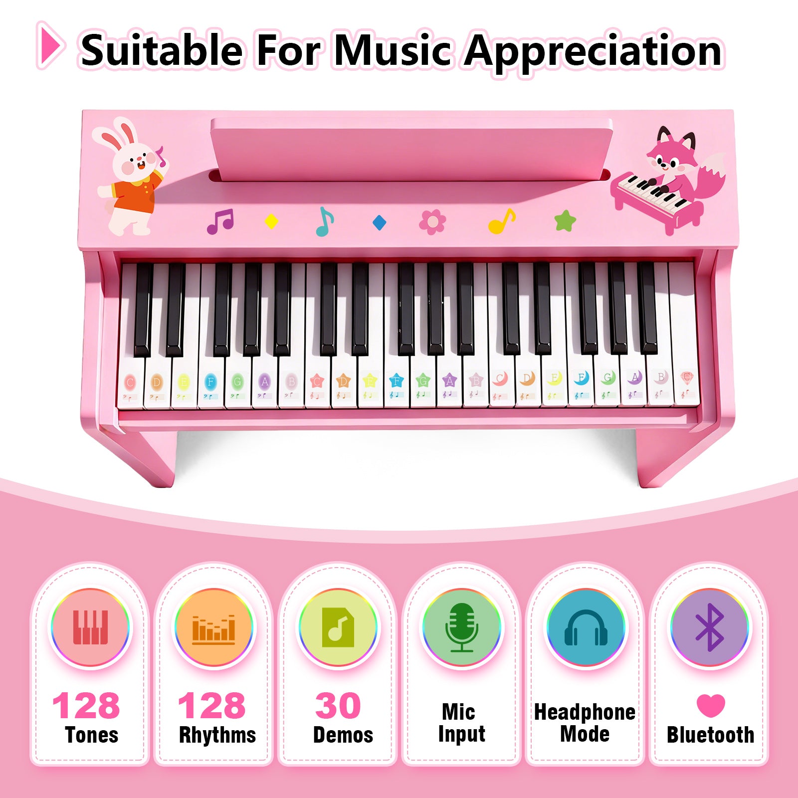 MUSTAR MT-400, 37 Keys Kids Piano Keyboard, Wooden Music Toy Instrument, Early Educational Musical Learning, Stool, Pink, 3Y+,