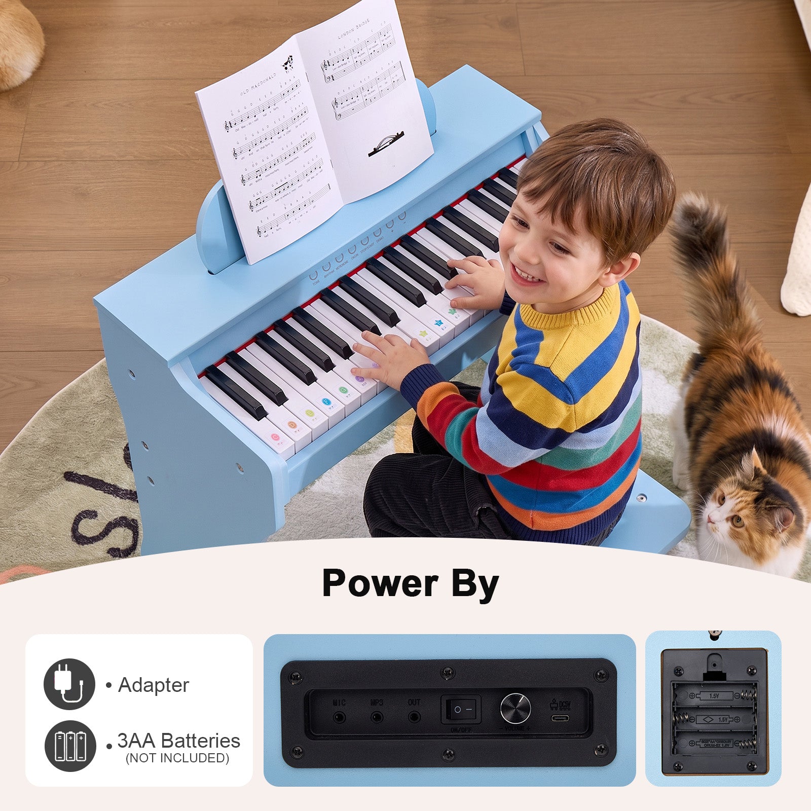 MUSTAR MT-600, 37 Keys Kids Piano Keyboard,  Wooden Music Toy Instrument, Early Educational Musical Learning,Stool
