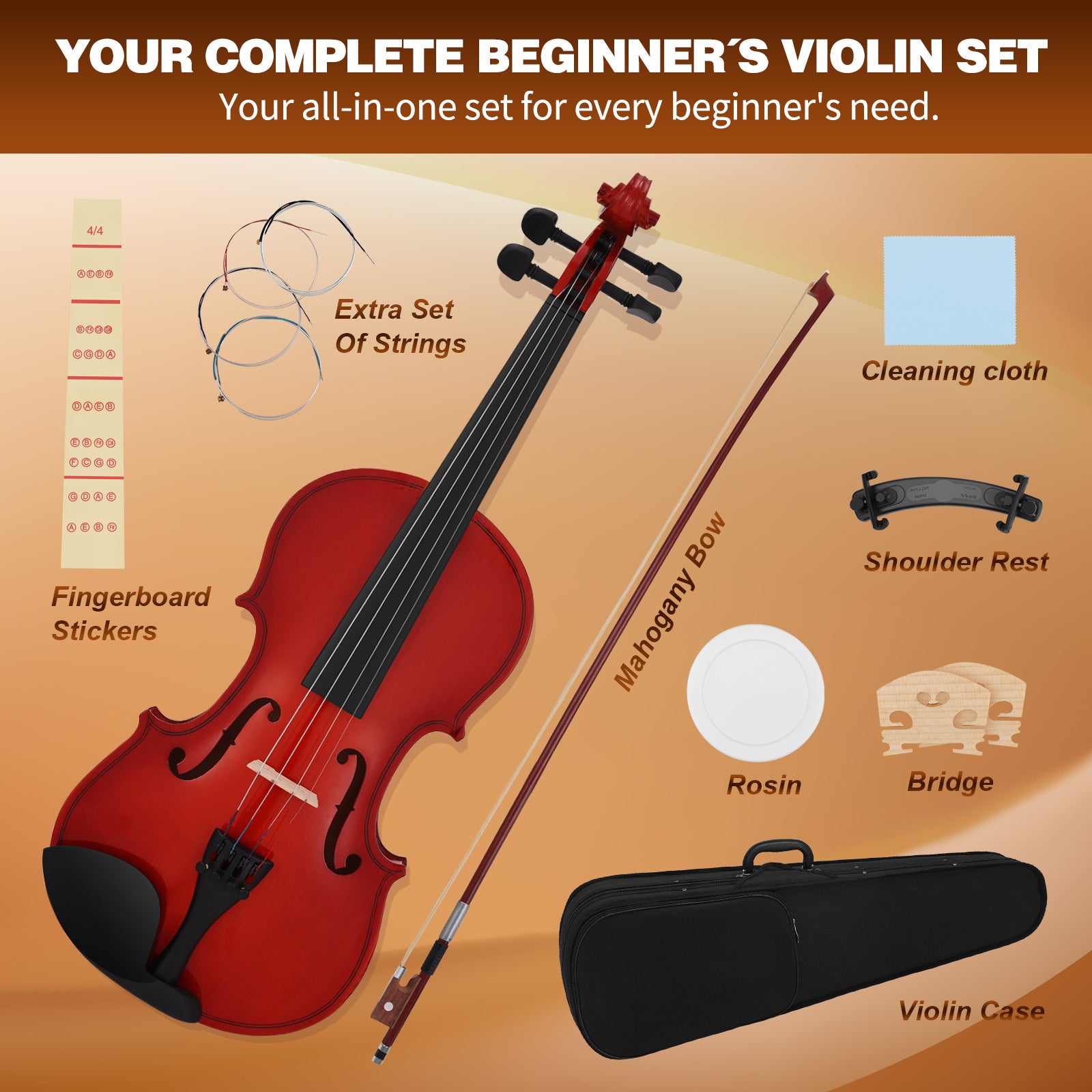 MUSTAR V100, 4/4 Violin for Beginners, Red-brown, Full Set with Bow, Rosins, Hard Case, Mute, Fingerboard Stickers, Shoulder Rest