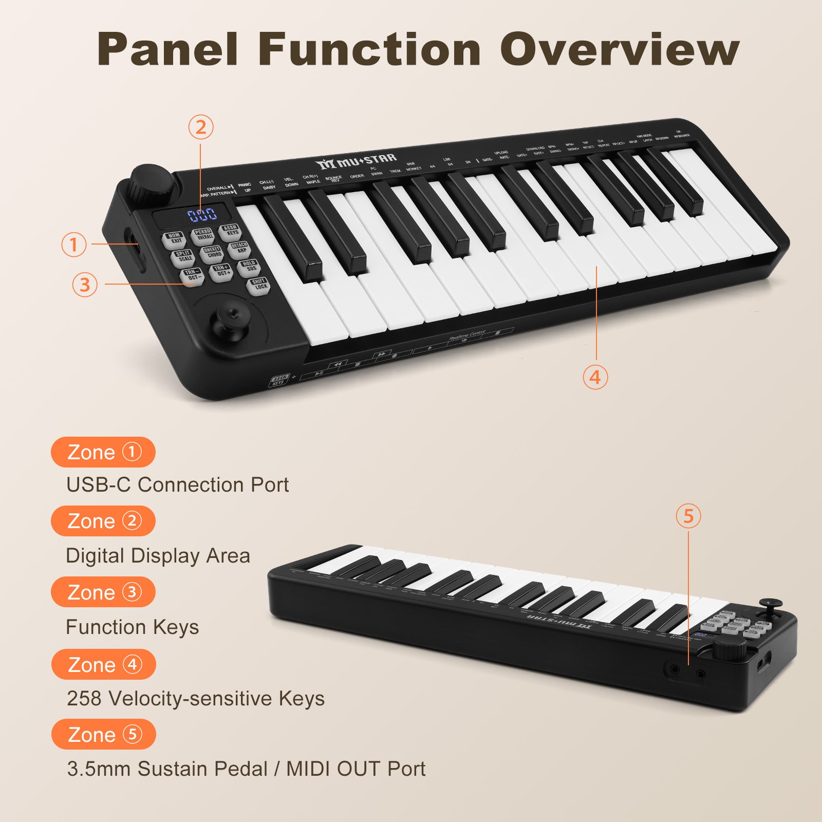 Mustar MM-100, Mini MIDI Keyboard, 25 Key MIDI Controller for Beginner with Dual-Channel Keyboard, Knob, Joystick, Built-in MIDI Clock, LED Display