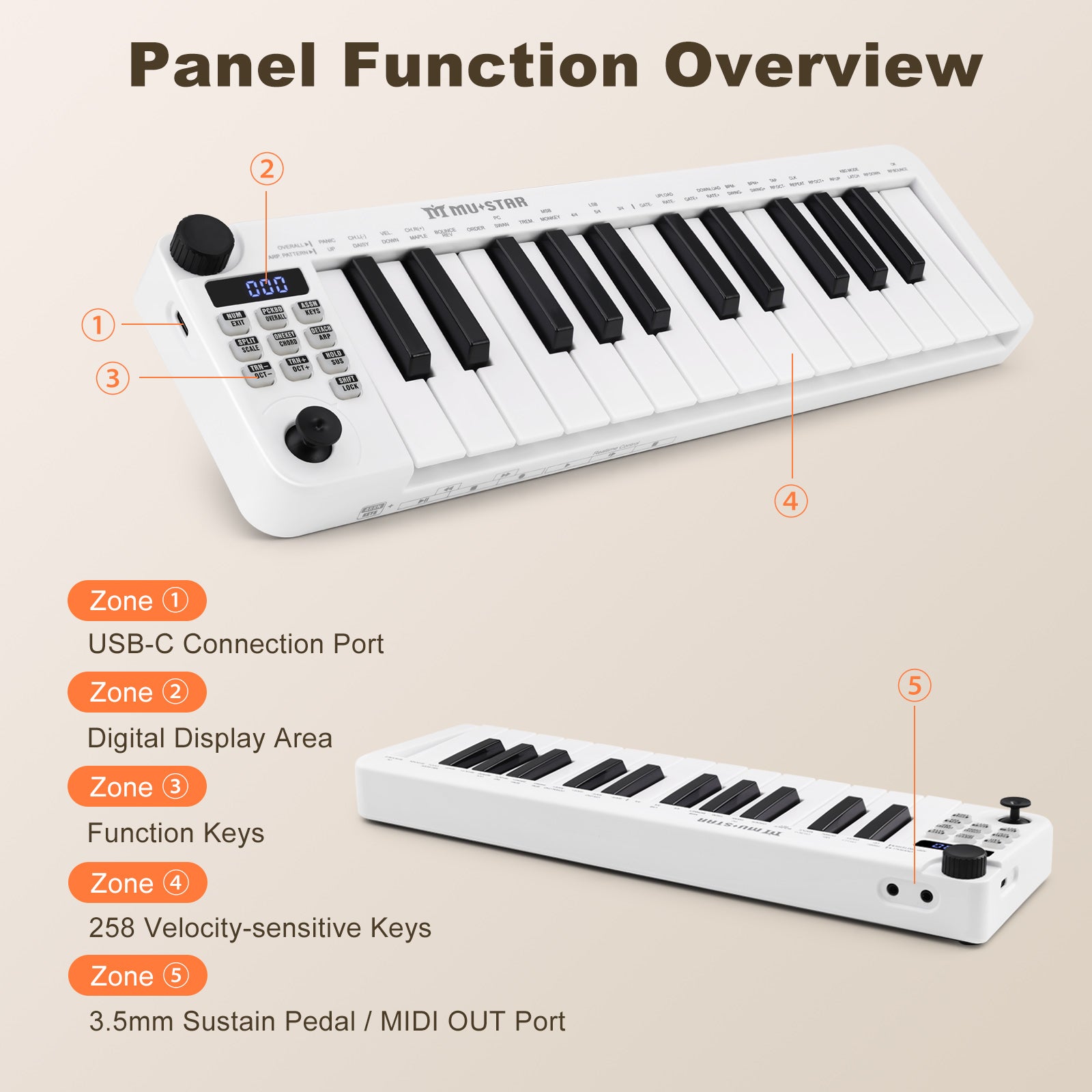 Mustar MM-100, Mini MIDI Keyboard, 25 Key MIDI Controller for Beginner with Dual-Channel Keyboard, Knob, Joystick, Built-in MIDI Clock, LED Display