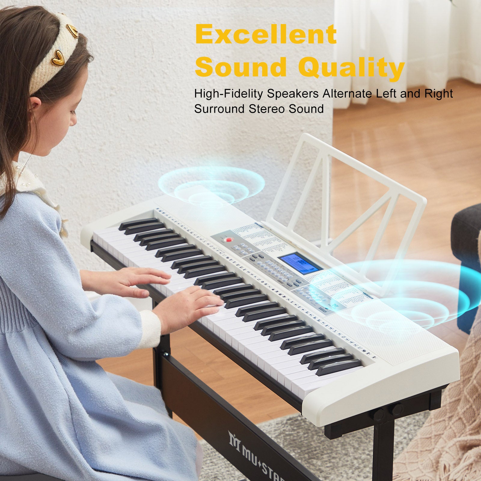 MUSTAR MEKS-900,  61 Key Learning Piano Keyboard, With Lighted Up Keys, For Beginners, White