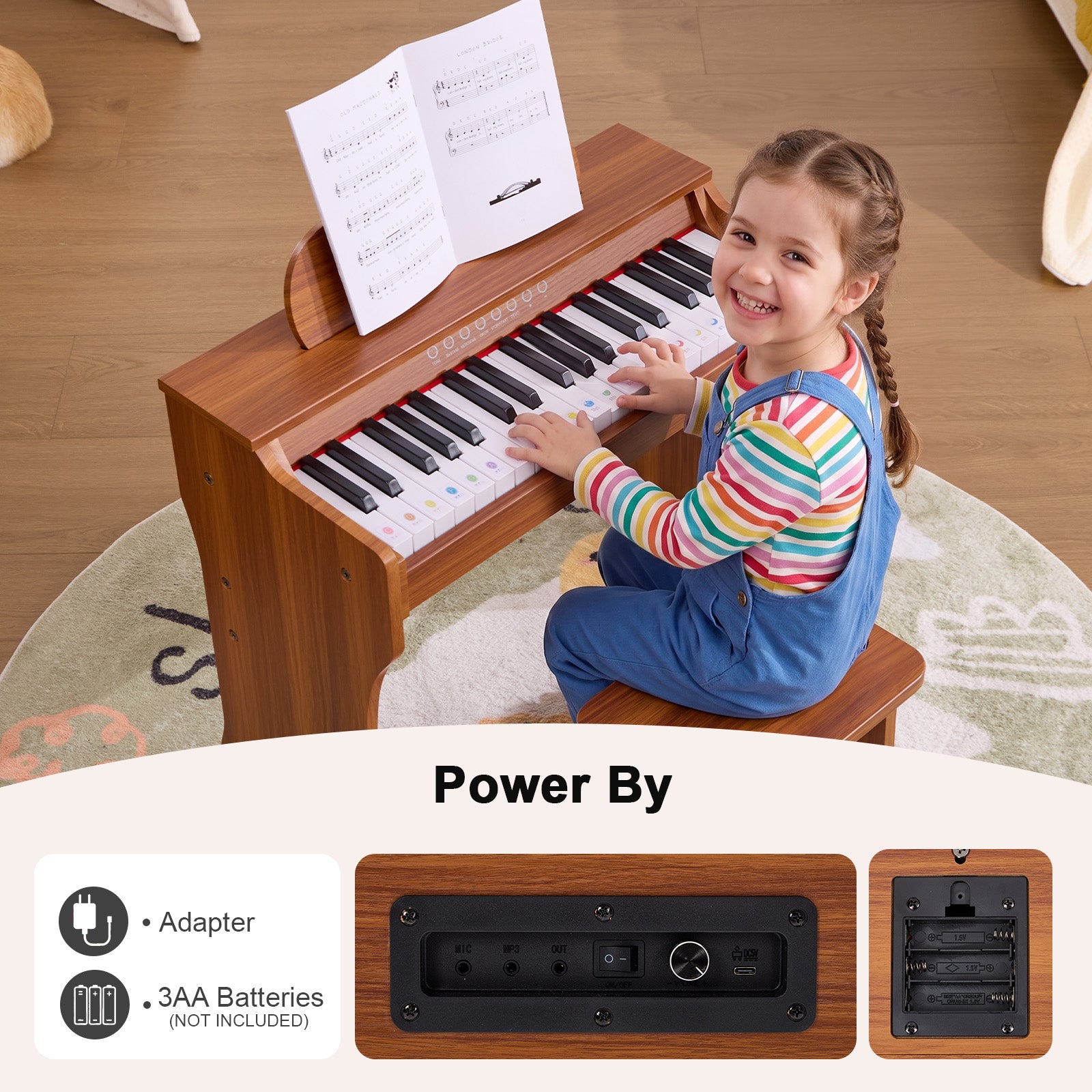 MUSTAR MT-700, 37 Keys Kids Piano Keyboard,  Wooden Music Toy Instrument, Early Educational Musical Learning,Stool