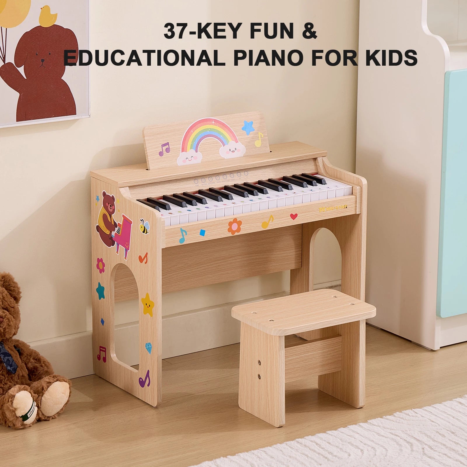 MUSTAR MT-900, 37 Keys Kids Piano Keyboard, Wooden Music Toy Instrument, Early Educational Musical Learning