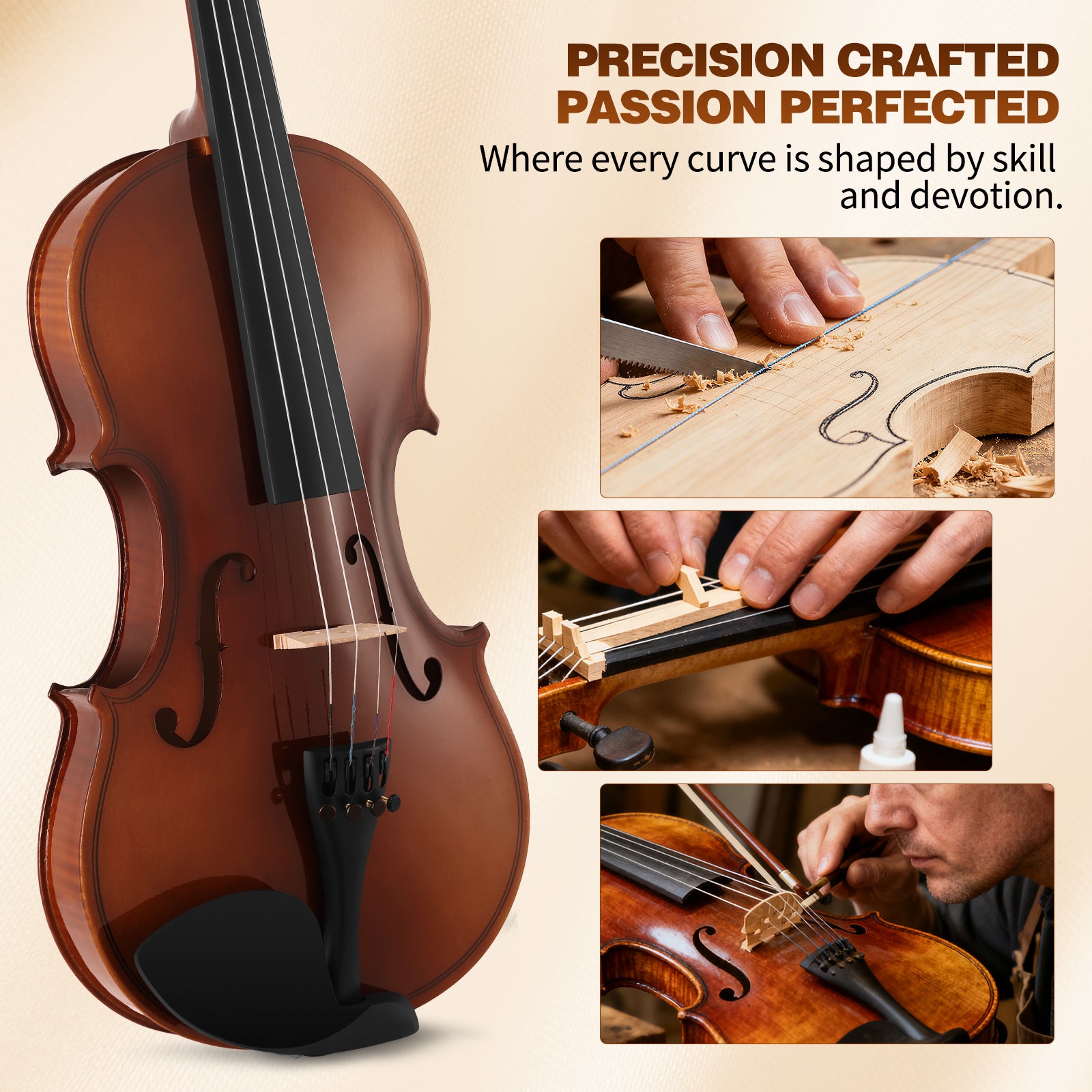 MUSTAR V200, 4/4 Violin for Beginners, Matte Dark-brown, Full Set with Bow, Rosins, Hard Case, Mute, Fingerboard Stickers, Shoulder Rest