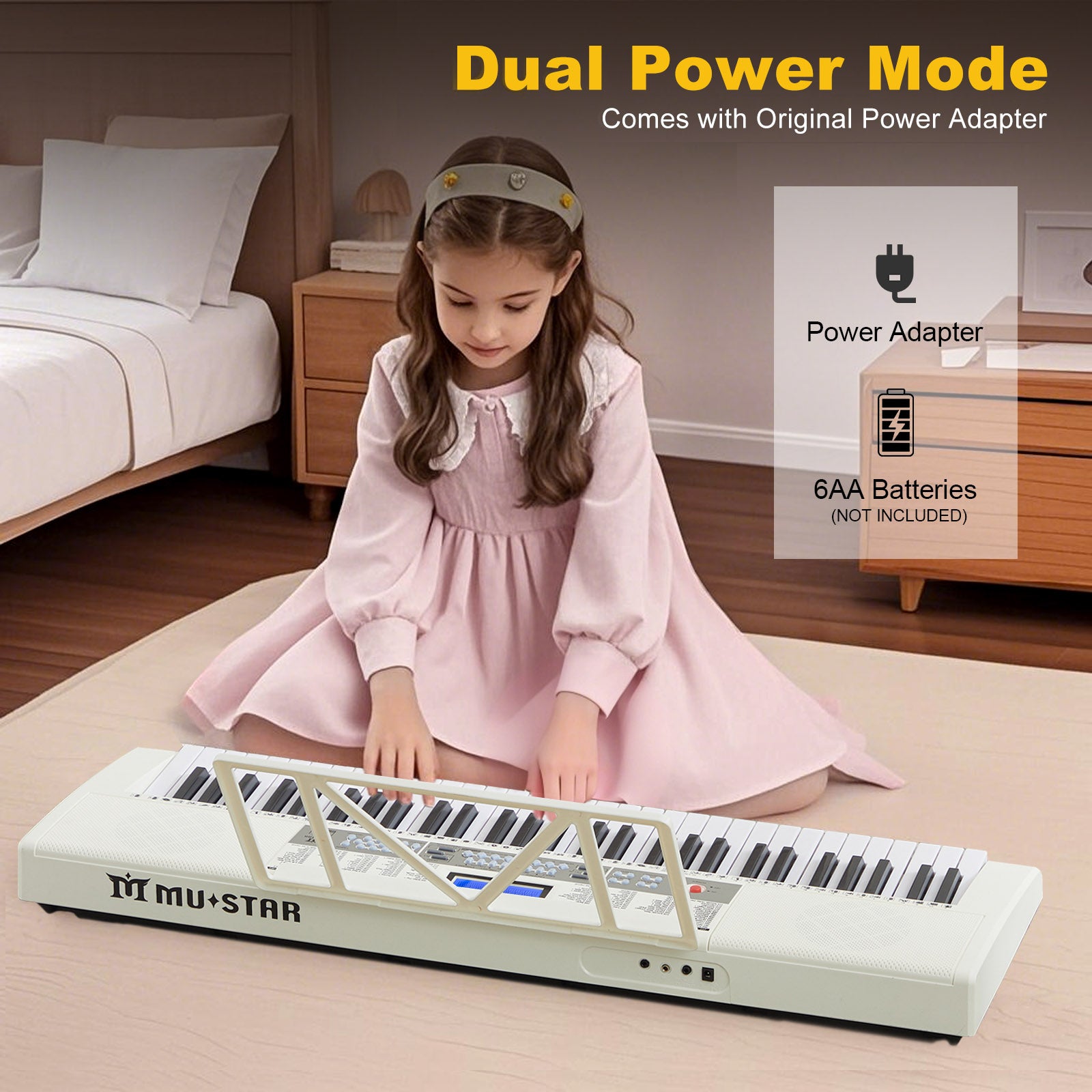 MUSTAR MEKS-900,  61 Key Learning Piano Keyboard, With Lighted Up Keys, For Beginners, White
