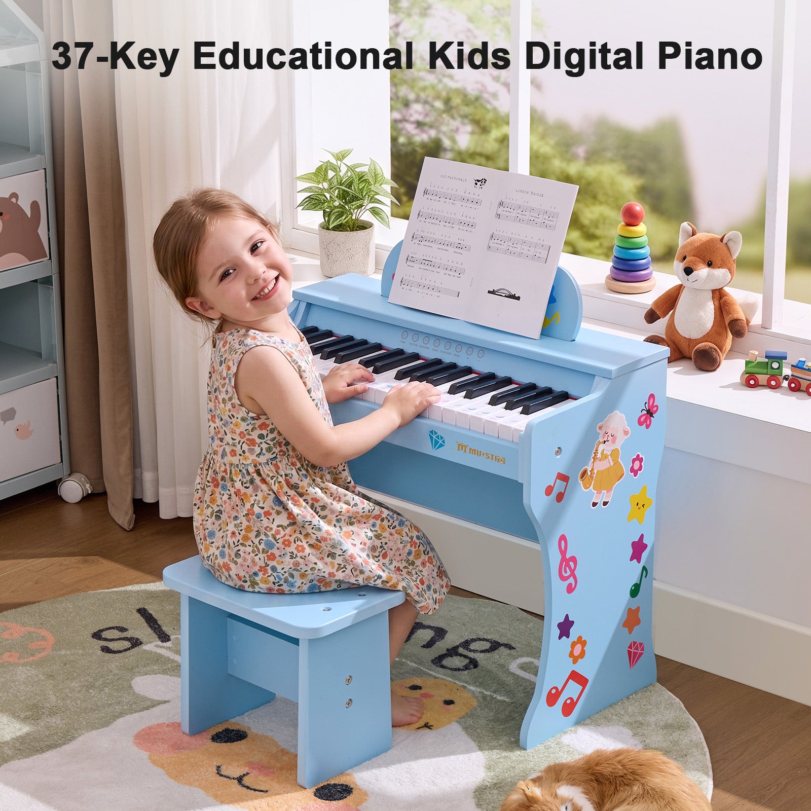 MUSTAR MT-600, 37 Keys Kids Piano Keyboard,  Wooden Music Toy Instrument, Early Educational Musical Learning,Stool