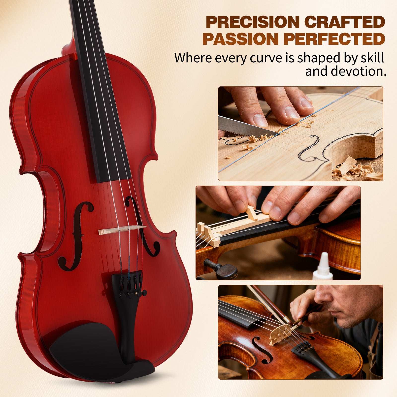 MUSTAR V100, 4/4 Violin for Beginners, Red-brown, Full Set with Bow, Rosins, Hard Case, Mute, Fingerboard Stickers, Shoulder Rest
