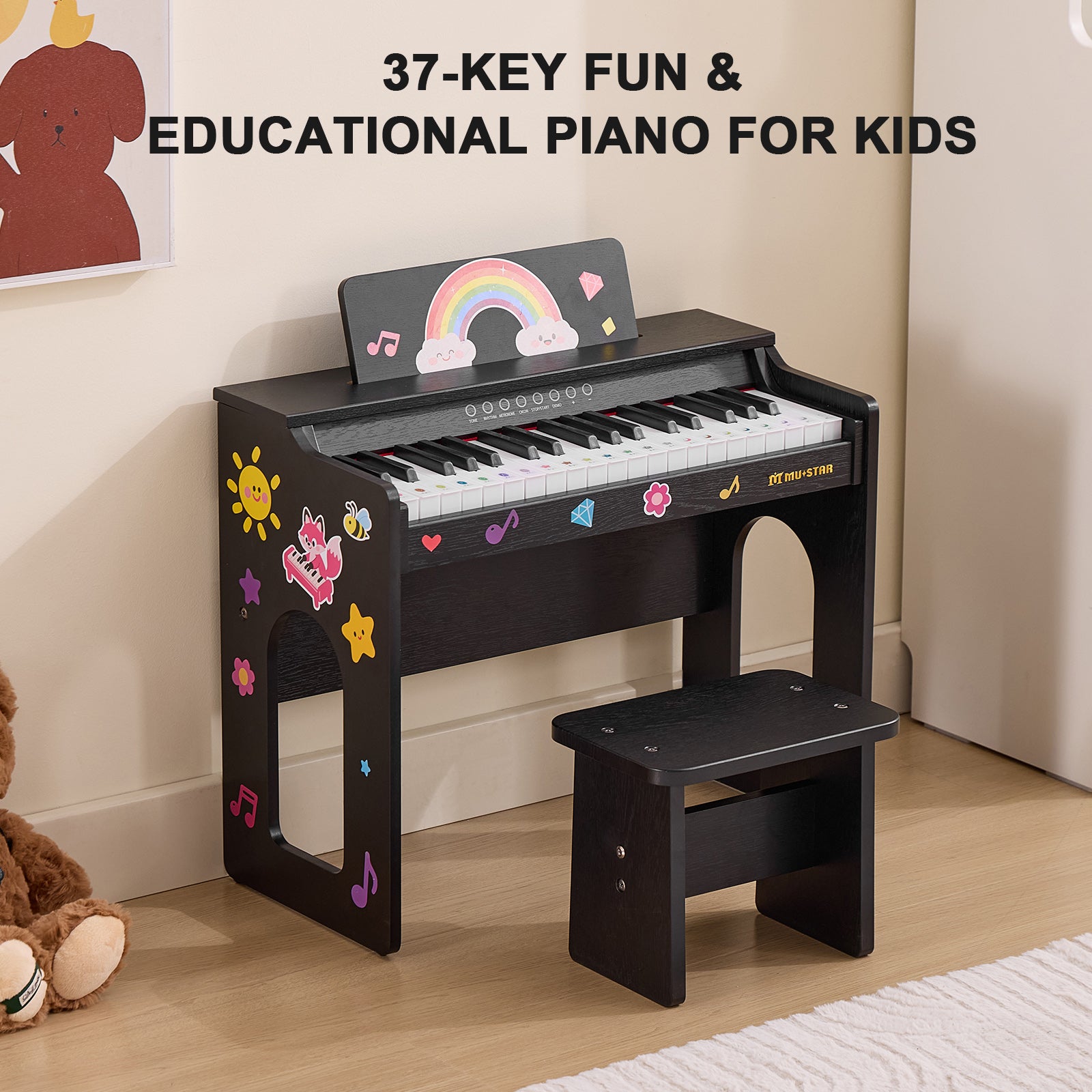 MUSTAR MT-800, 37 Keys Kids Piano Keyboard, Wooden Music Toy Instrument, Early Educational Musical Learning, Stool