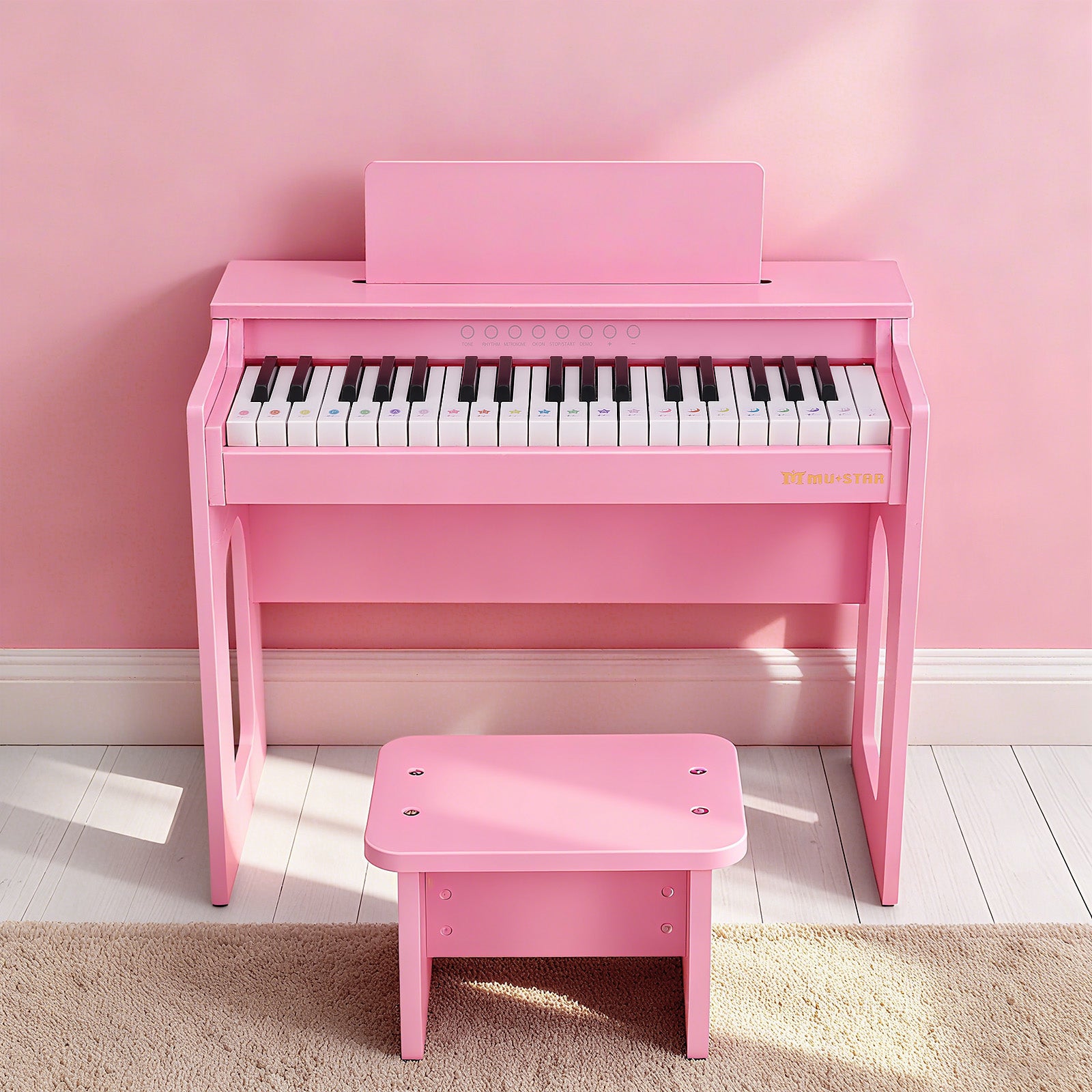 MUSTAR MT-400, 37 Keys Kids Piano Keyboard, Wooden Music Toy Instrument, Early Educational Musical Learning, Stool, Pink, 3Y+,