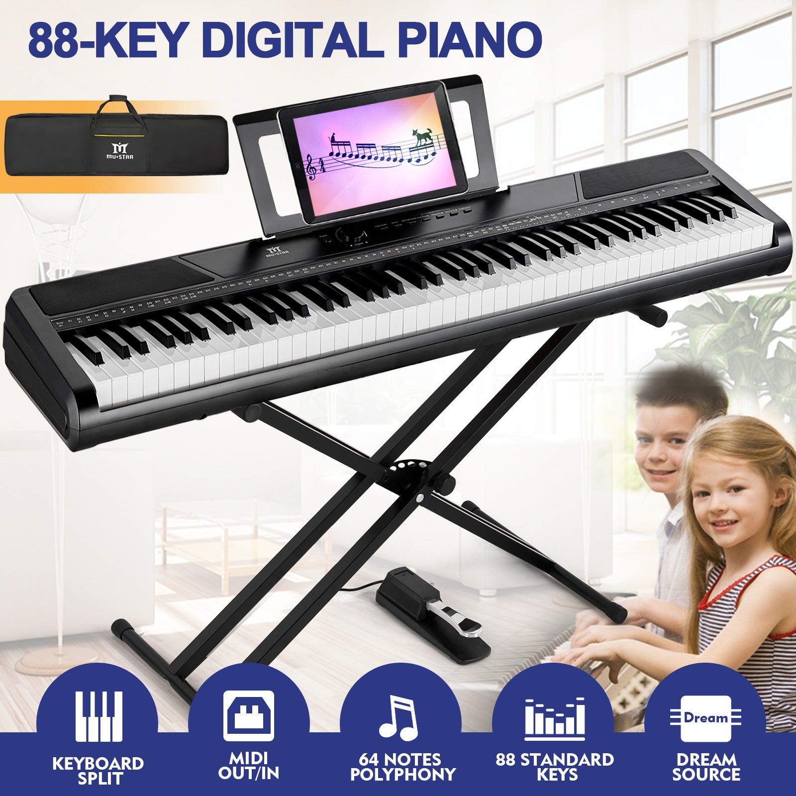 MUSTAR MDP-1500 - Piano digital con 88 teclas de acción de martillo,  teclado eléctrico de tamaño completo con 2 altavoces de 25 W, 3 pedales,  soporte