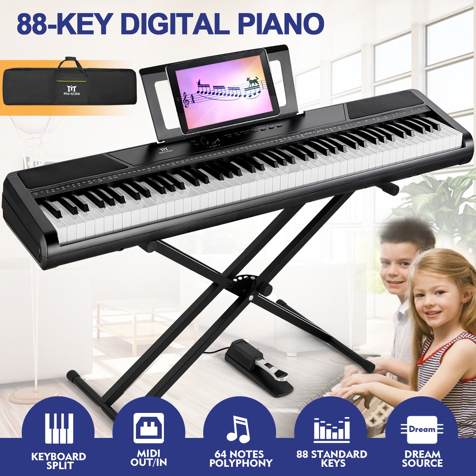 MUSTAR MEP-1100, 88 keys Digital Piano, Semi Weighted Keyboard Piano, Electronic Keyboards for Beginners, Sustain Pedal, USB/MIDI/Bluetooth, ABS, 128 Rhythms, 2 built-in 25W Stereo Speakers, Black